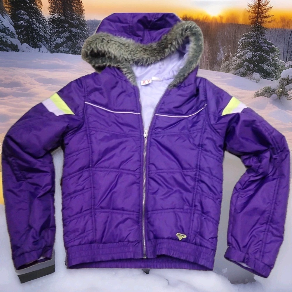 Roxy‎ Puffer Jacket Girls XL Purple Excellent Faux Fur Hood Insulated Coat